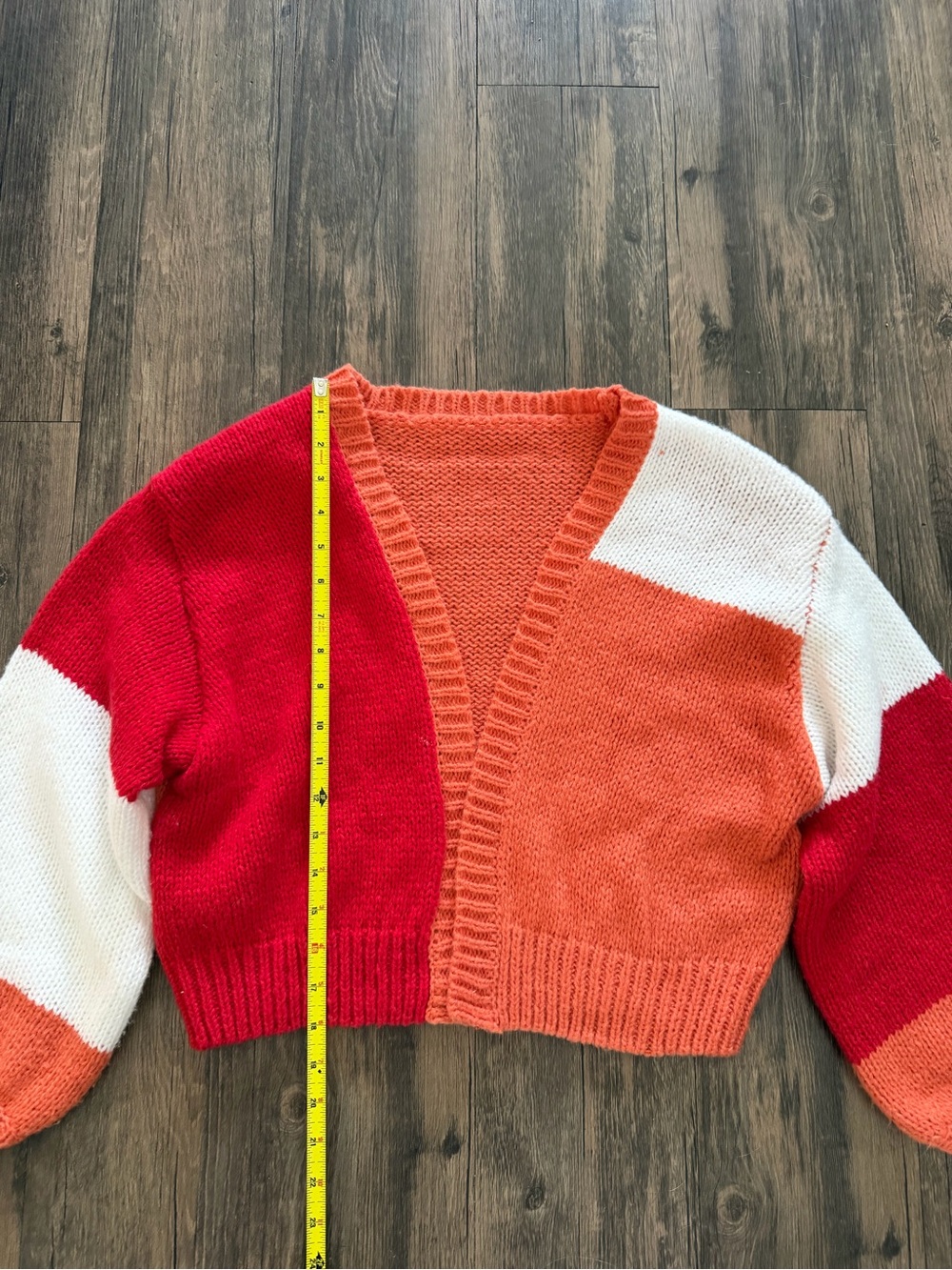 Colorblock Cropped Knit Open Cardigan V Neck Red, Orange White Casual Boho XS - Picture 9 of 11